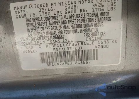 2018 Nissan Versa 1.6 Sv from USA, damaged, VIN 3N1CN7AP2JL868687